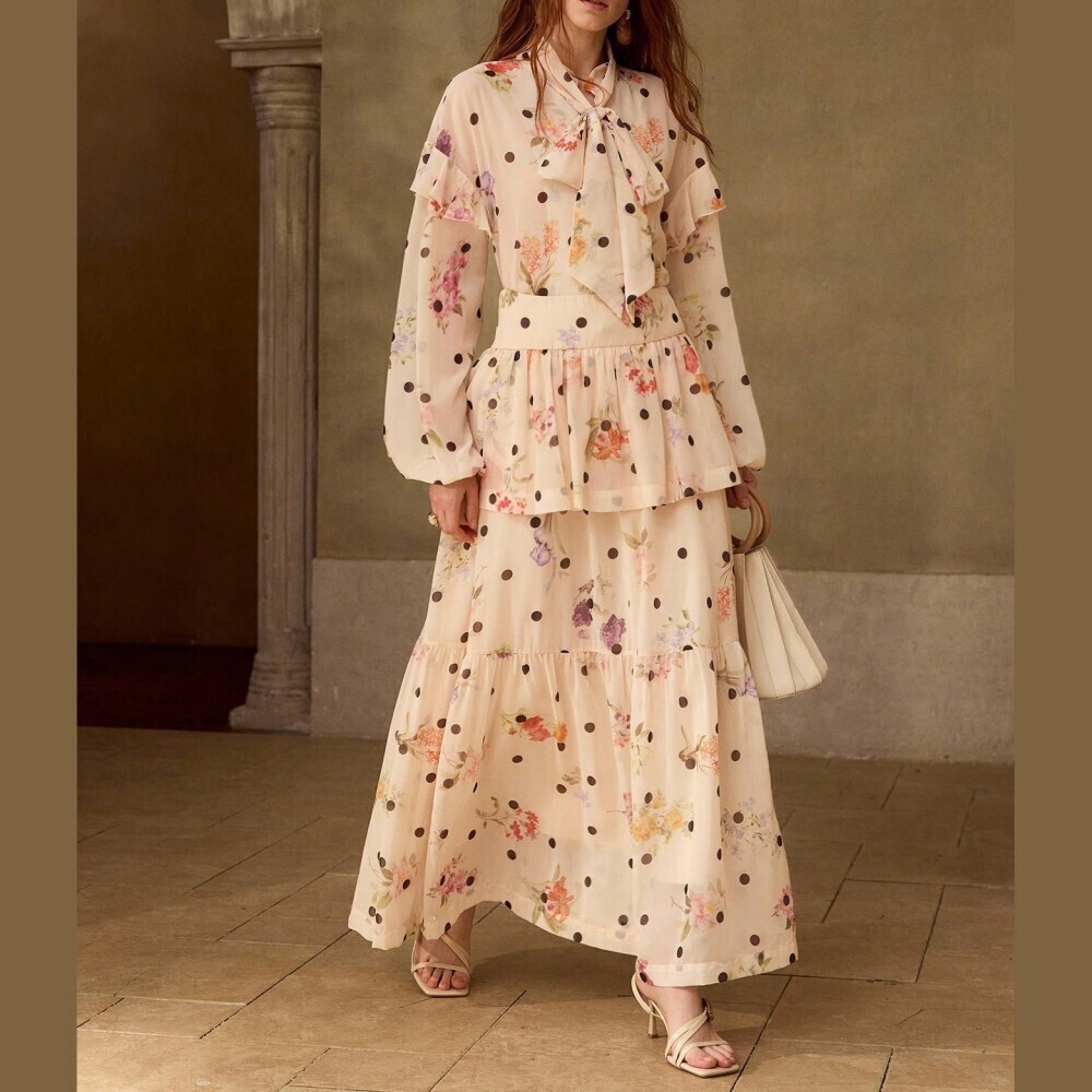 Cream Floral Polka Dot Tie Neck Ruffle Blouse and Tiered Maxi Skirt Set